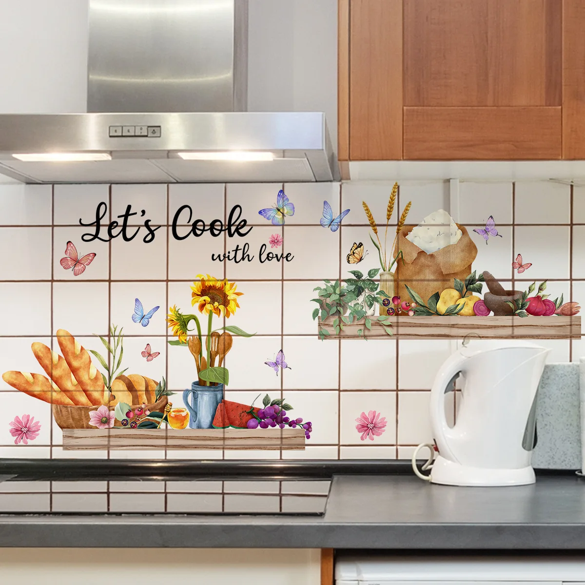 30*60cm English Kitchen Wall Stickers Sunflower Butterfly Tableware Kitchen Bedroom Decorative Wall Stickers Wallpaper Ms3020 2pcs kitchen silicone sink protector mat foldable non slip quick drying dish drain pad high temperature tableware storage mats