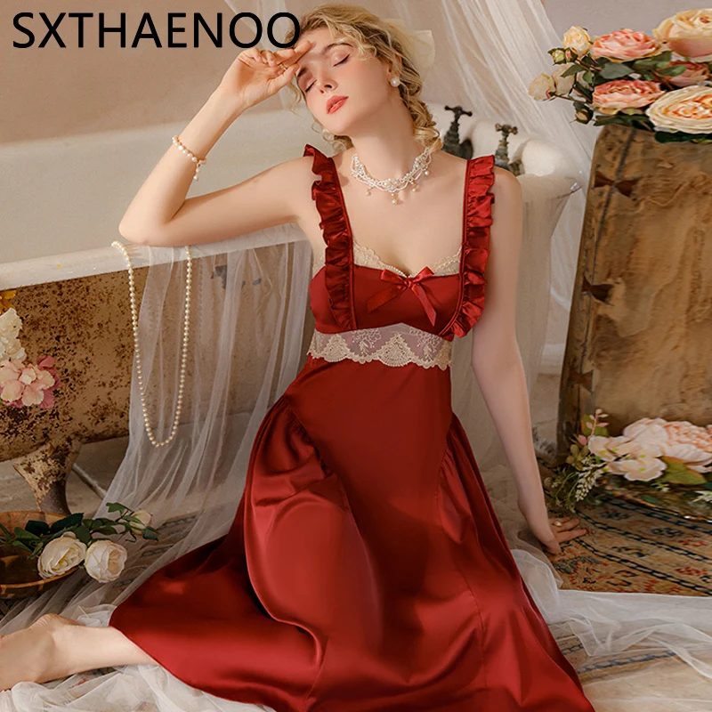 

SXTHAENOO Elegant Satin Lace Embroidery Nightdress Women Fairy Dress Sleepwear Sexy sling Nightwear Comfortable Summer Nightgown