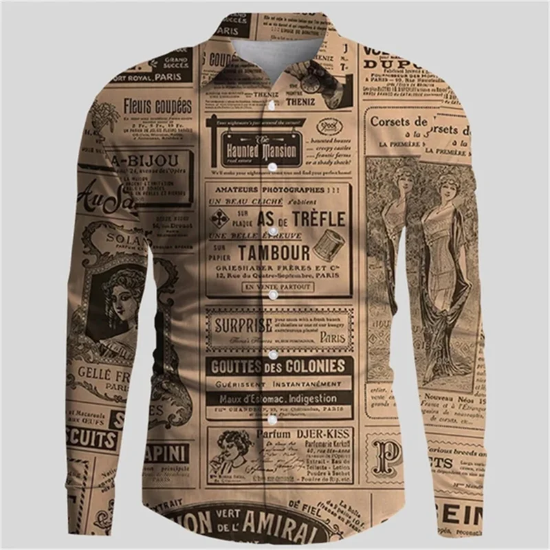 

Long Sleeve Shirt Men Fall Casual Men's Shirt Newspaper 3d Printing Long Sleeve Men Daily Party Show Button Up Shirt Outfit
