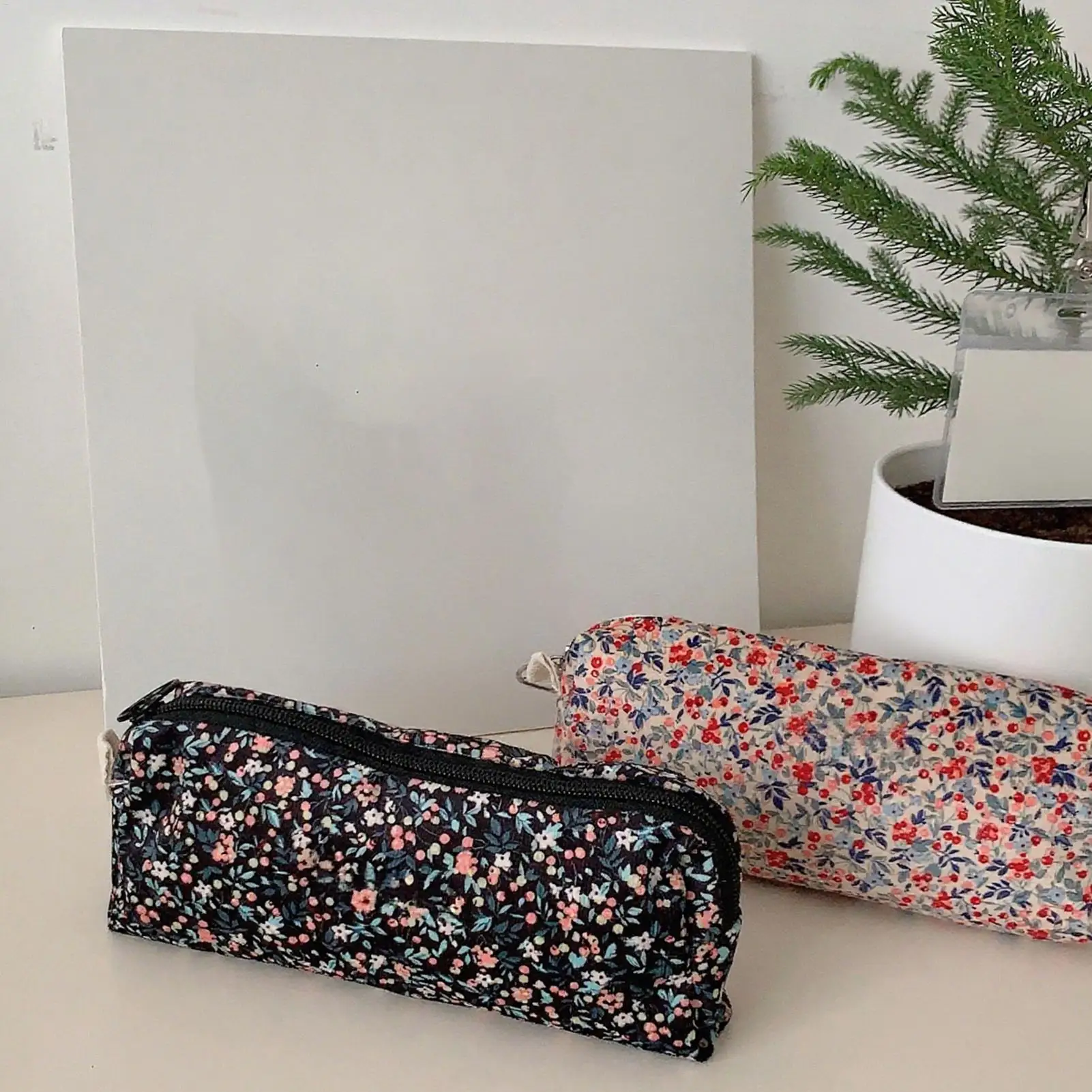 Corduroy Pencil Case 2 Pieces Cute Pencil Stationery Case 3D Floral Embroidery Holder Organizer Box For Stationery School