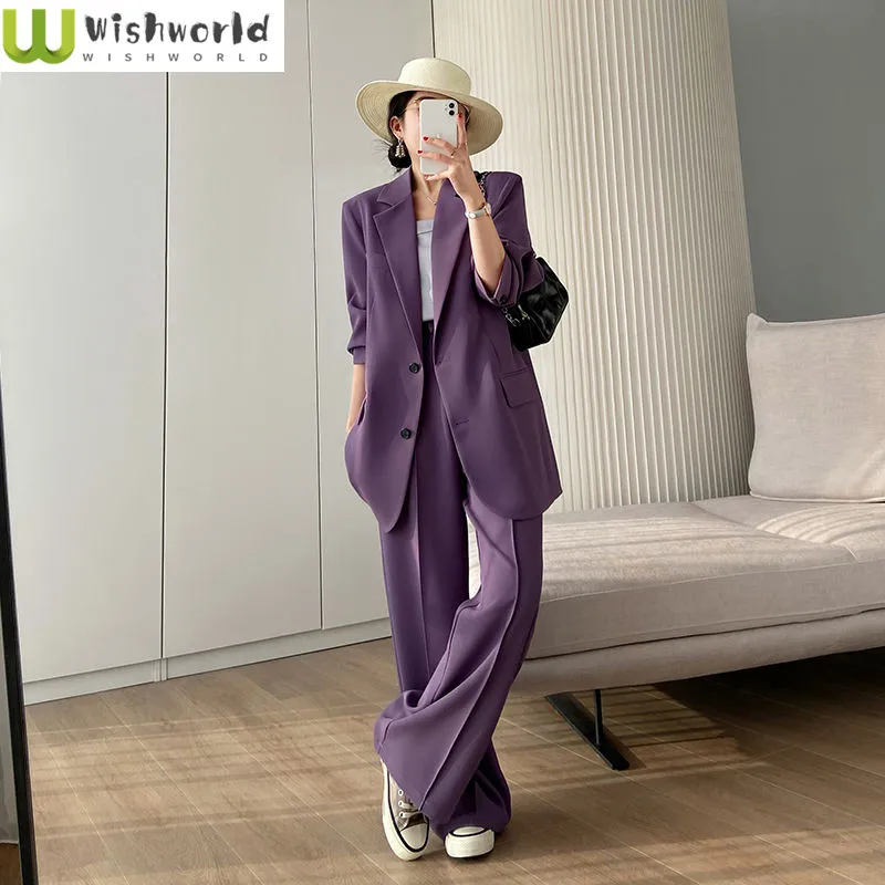 

Fashion Casual Women's Suit Spring and Autumn New Korean Version Slim Fitting Top Age Reducing Wide Leg Pants Two-piece Suit