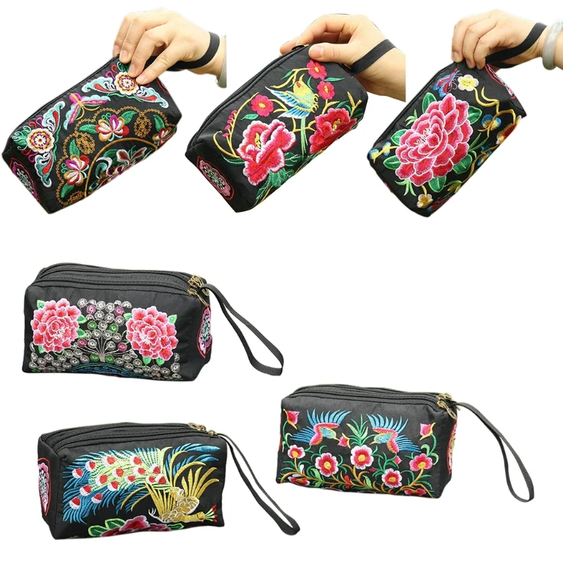 

Ethnic Vintage Floral Embroidered Coin Clutch Women Small Zippered Wristlet Bag Boho Long Wallets Cell Phone Purses Handbag 066F