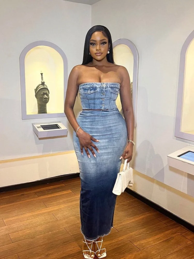 

Soefdioo Gradient Fashion Burr Back Denim Skirts Women Sexy Skinny Shaping Hip Maxi Skirts 2023 Female Bottoms Streetwear