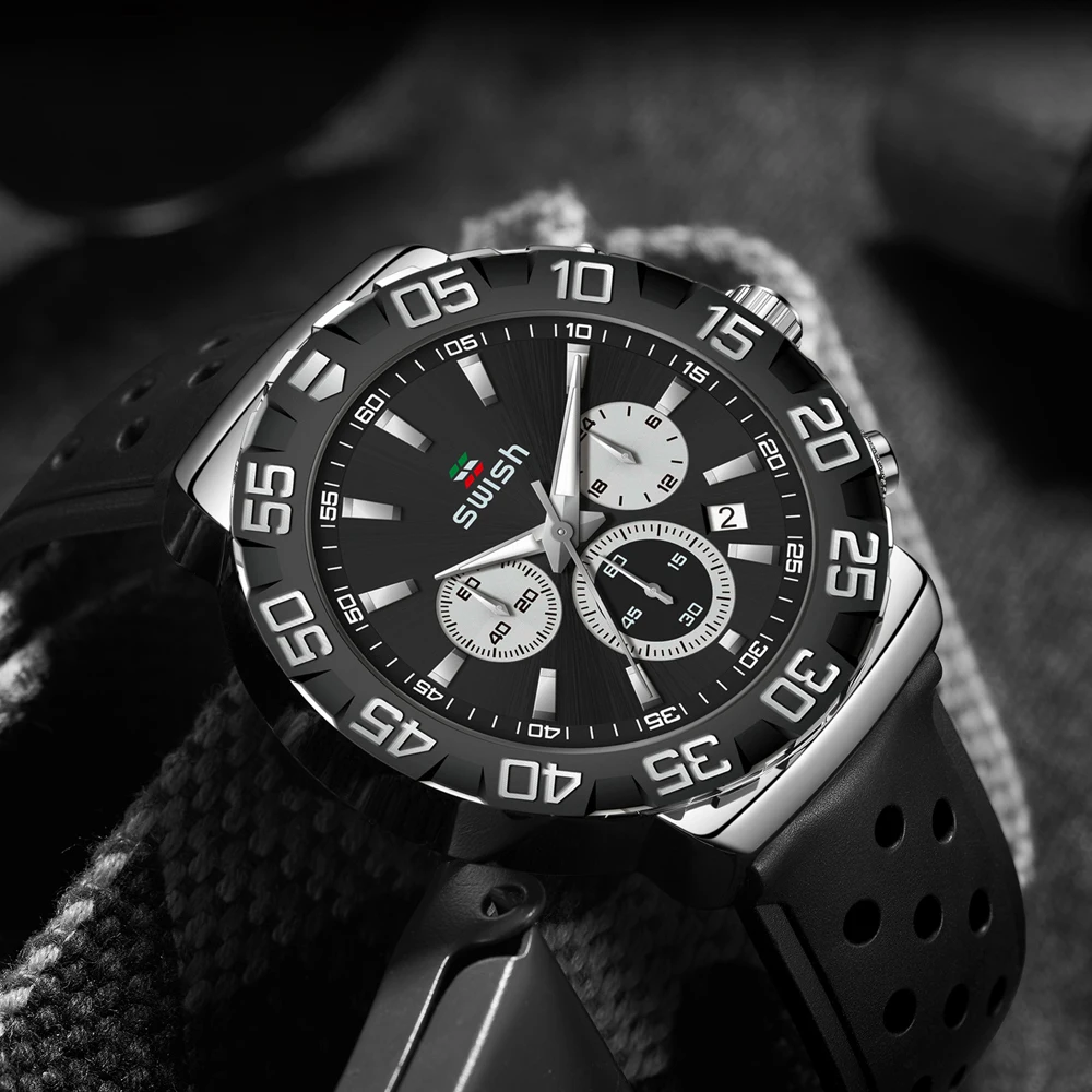 SWISH Fashion Men Watch Quartz Sports Business Luxury Silicone Watch 3ATM Waterproof Date Clock Relogio Masculino
