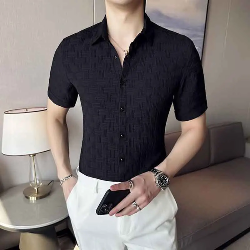 Koreon Clothing Men Summer White Shirts Smart Casual Streetwear Fashion Lapel Single-breasted Short Sleeve Jacquard Slim Tops