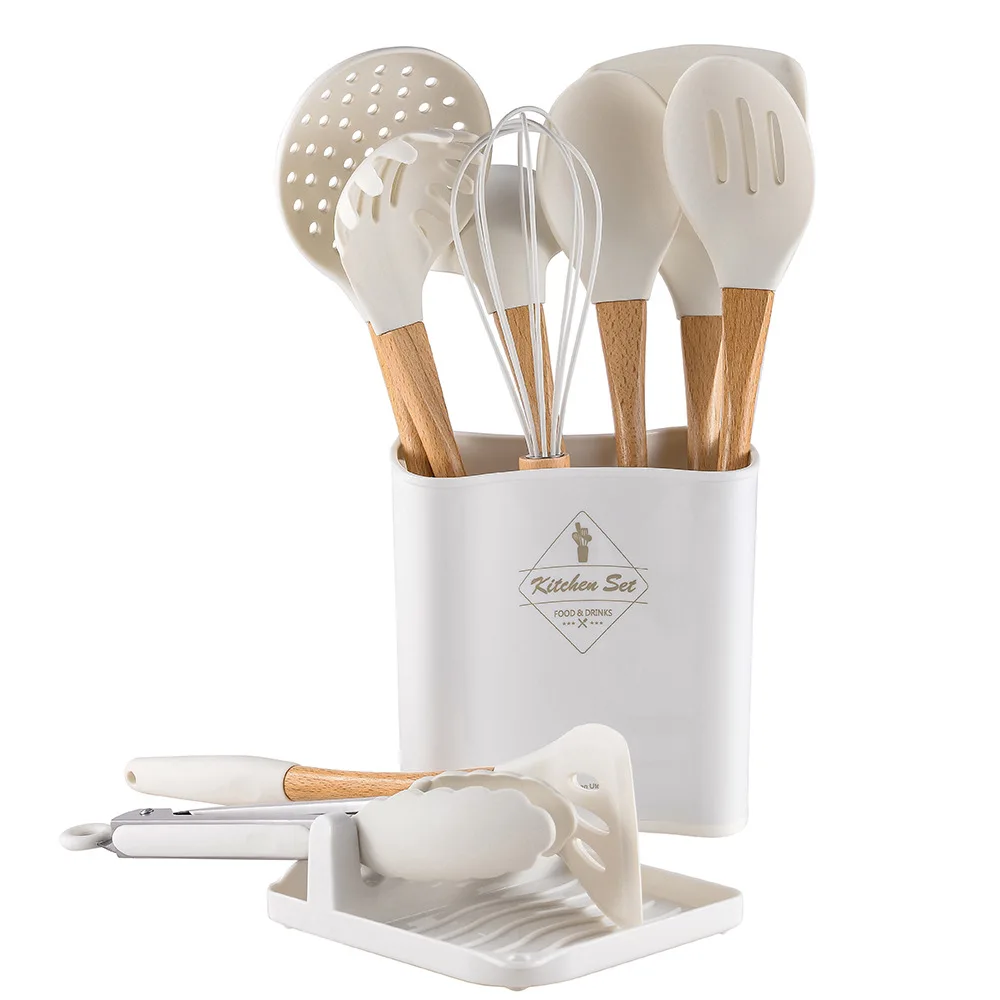 

Silicone Cooking Utensils Set White Non-Stick Spatula Shovel Wooden Handle Cooking Set With Storage Box Kitchen Tool Accessories