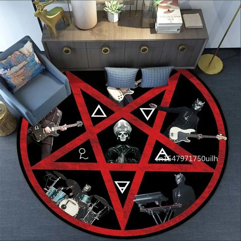 

Pentagram Ghost Band Round Carpet Music CD DVD Anti-Slip Floor Mat Living Room Bedroom Door Mat Indoor Home Decor