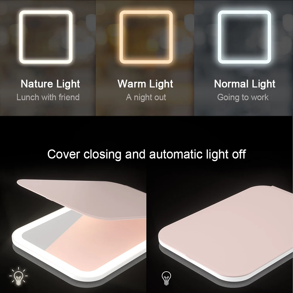 USB Led Makeup Mirrors With Lights Pink 360 Portable Foldable Smart Travel Facial Make Up Tabletop Mirror Cosmetic Vanity Miroir_voghion.com
