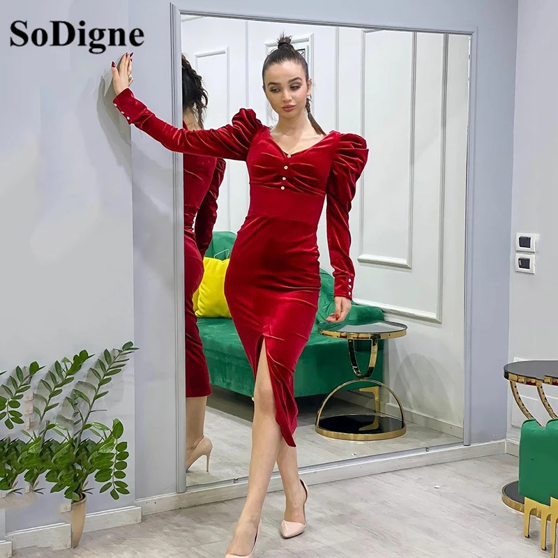 SoDigne Vestidos de Fiesta Cortos de terciopelo rojo, vestidos de fiesta de manga larga, Formal de sirena de terciopelo con abertura lateral| | - AliExpress