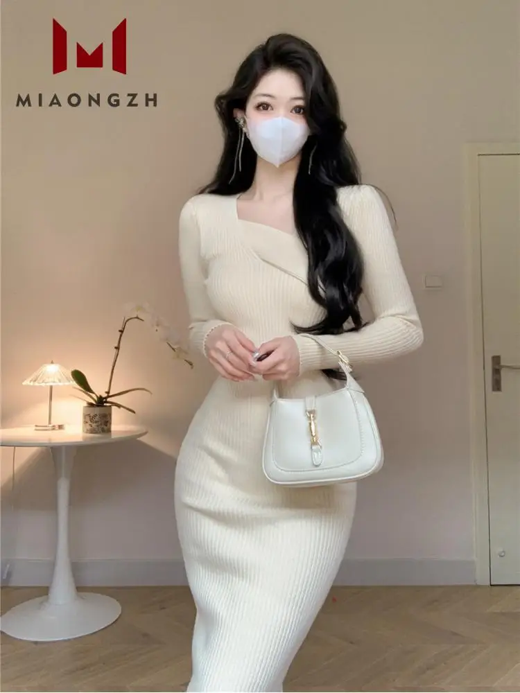 

Модные облегающие вязаные платья с длинным рукавом, Осень-зима 2023, элегантное темпераментное платье средней длины, женская одежда