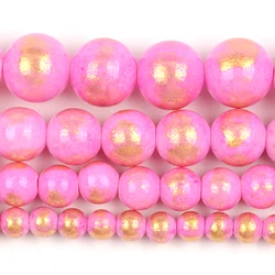 White Red Gold Plated Jade Round Natural Stone Beads for Jewelry Making and DIY Accessories (Pink)