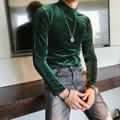 Fashion Corduroy Turtlneck Velvet T Shirts for Mens Striped T Shirt Slim Fit Basic Shirts Long Sleeve Tight Blouse Tops