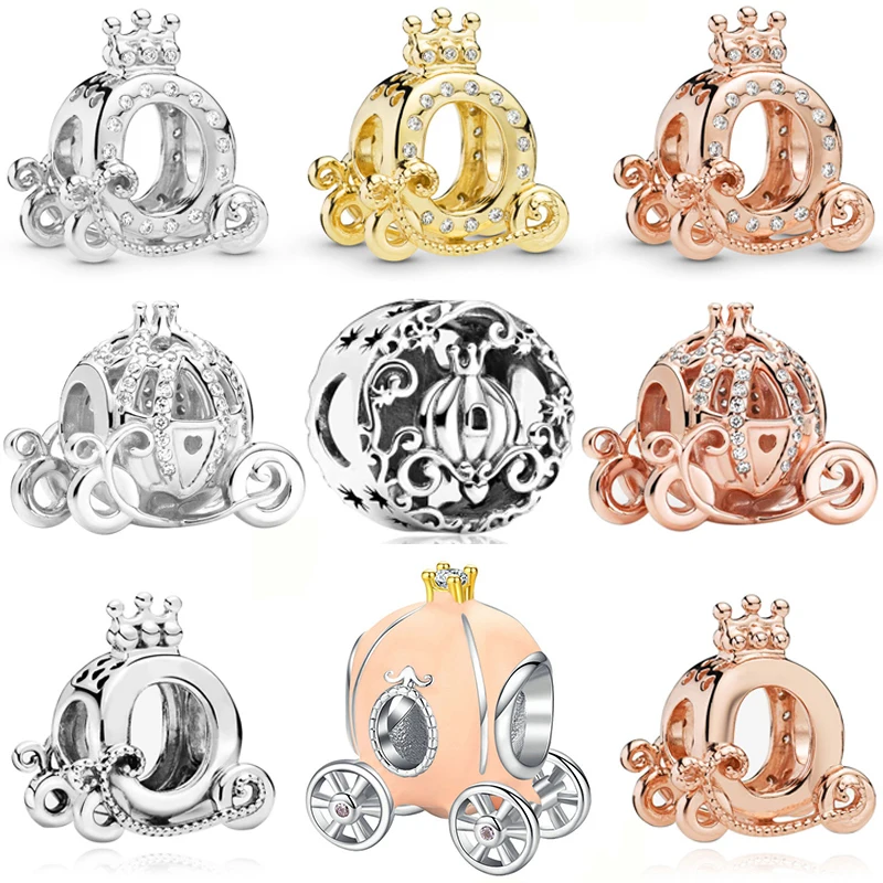 

Fit Pandora Disney Cinderella Sparkling Carriage Charms Women Bracelet Crystal Zircon Crown Pumpkin Car Beads for Jewelry Making