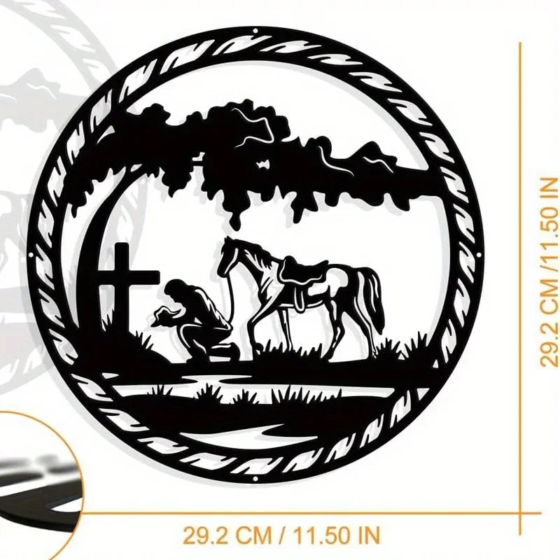 

CIFBUY Decoration 1pc Praying Cowboy Metal Home Art Decor Round Matte Black Wall Hanging Decor Art Home Bedroom Office Hotel Wal