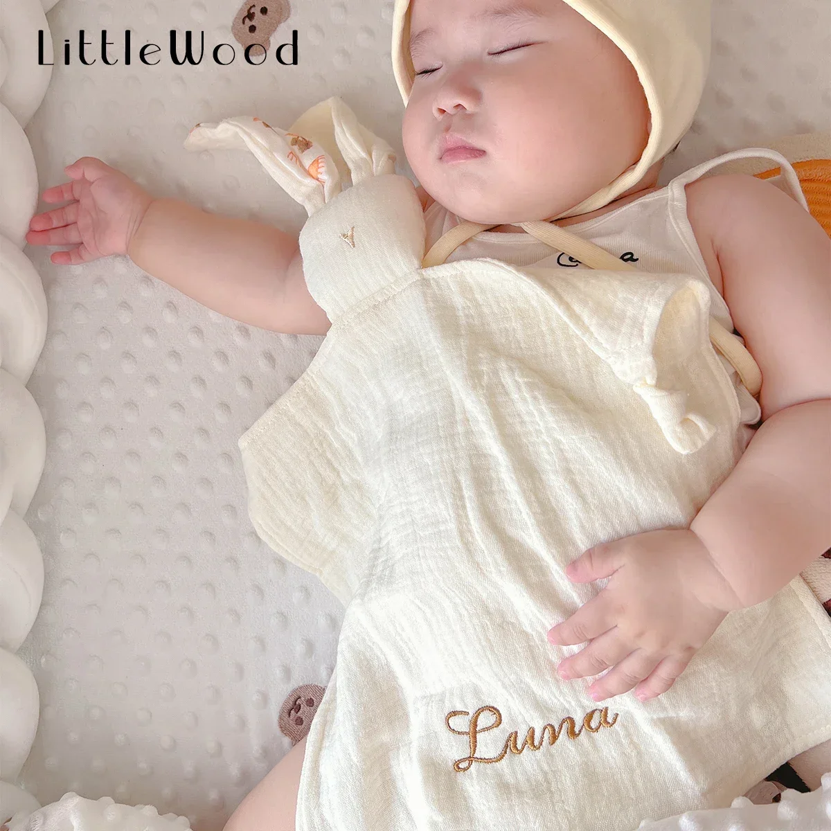 

Customized Name Embroidered Kids Pure Cotton Fabric Soothe Appease Towel Soft Comforting Handkerchief Baby Newborn Sleeping Doll