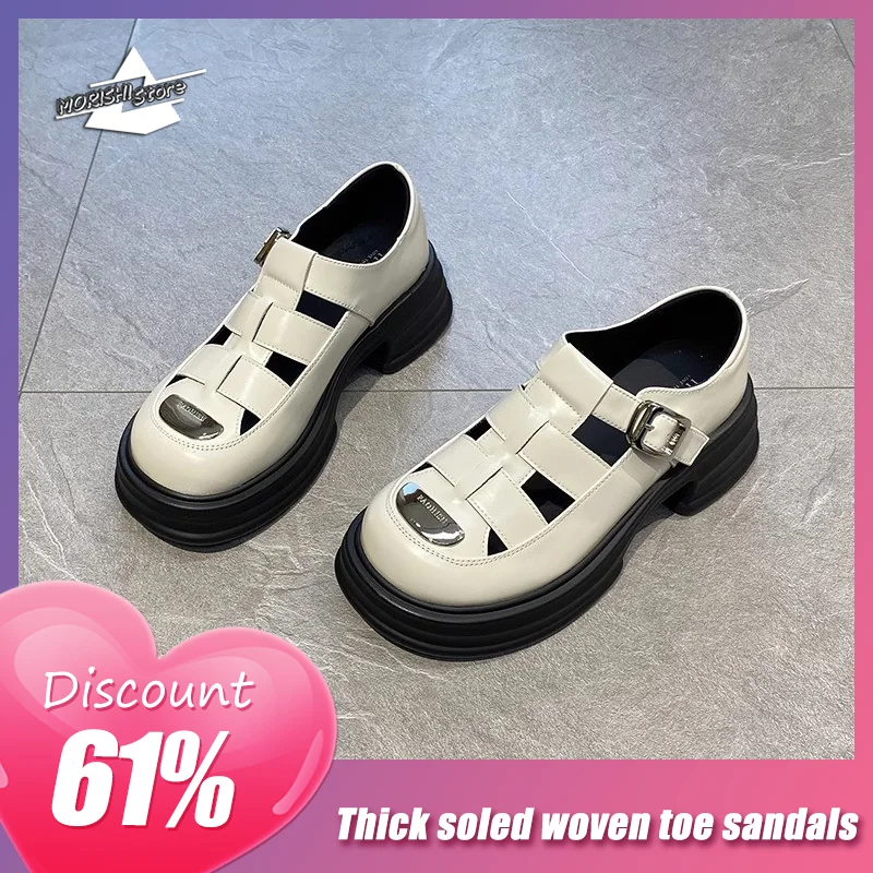 

Thick Soled Woven Baotou Sandals For Women Spring/Summer 2023 New Round Head Pig Cage Shoes Versatile Thick Heeled Roman Sandals