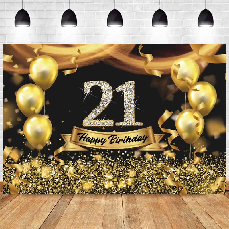 

Black Gold 21st Party Backdrop Girls Boy Happy BirthdayBalloon Photography Background Adult Photographic Photo Banner