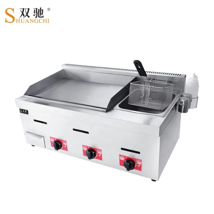 Commercial kitchen stainless steel Table top gas griddle&fryer 2 In 1 with 3 burner 2