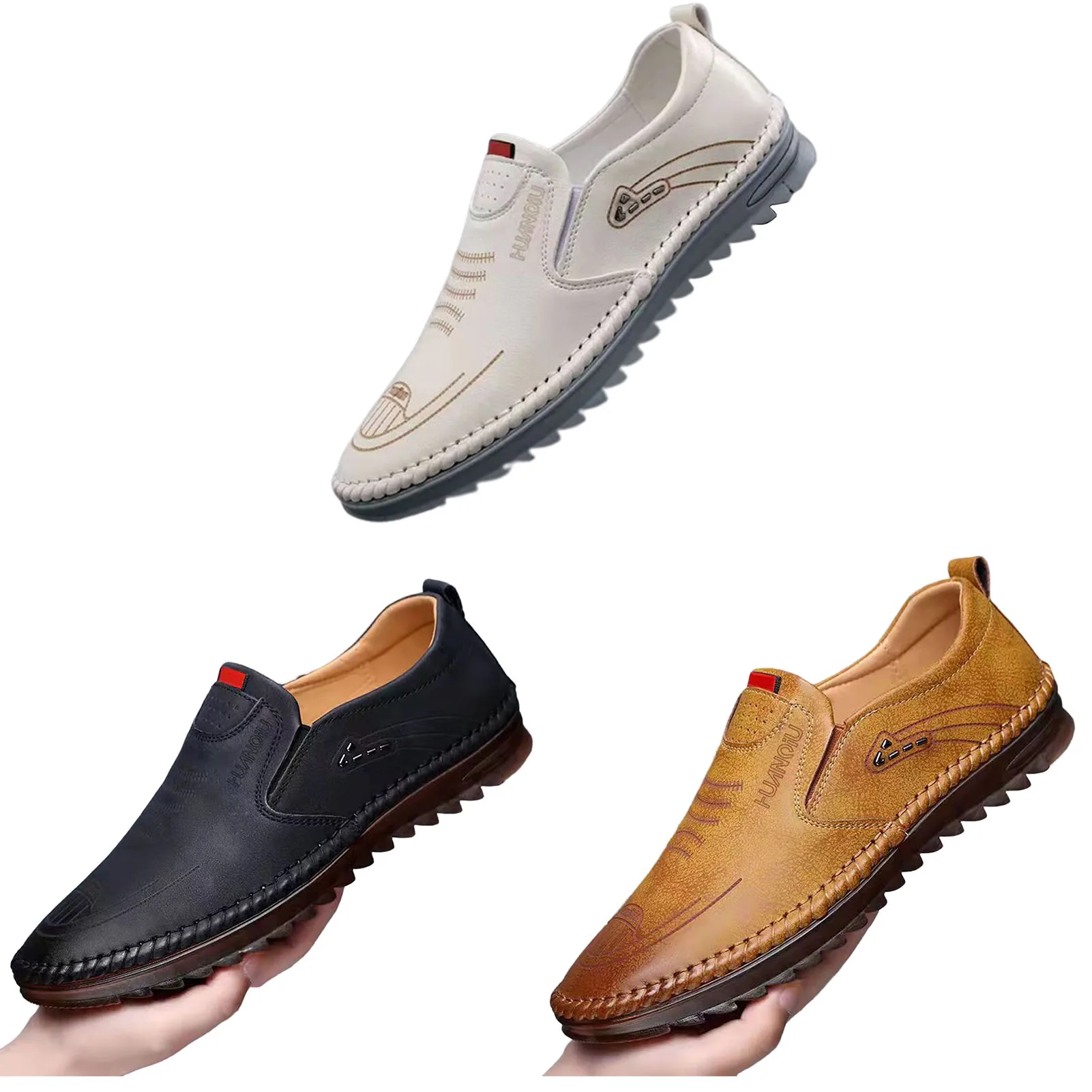 

Men Casual Flat Leather Shoes Non-slip Male Shoes with Soft Leather for Going Beach Side Wear