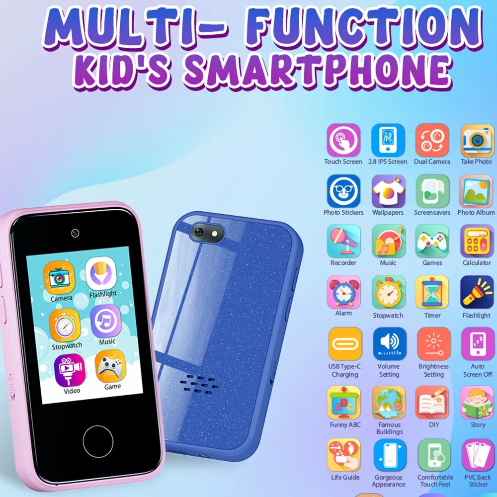 Dual Camera Children's Electronic Toy Mobile Phone Type-C Charging IPS Touch Model HD Photo Recording MP3 Player for Children's