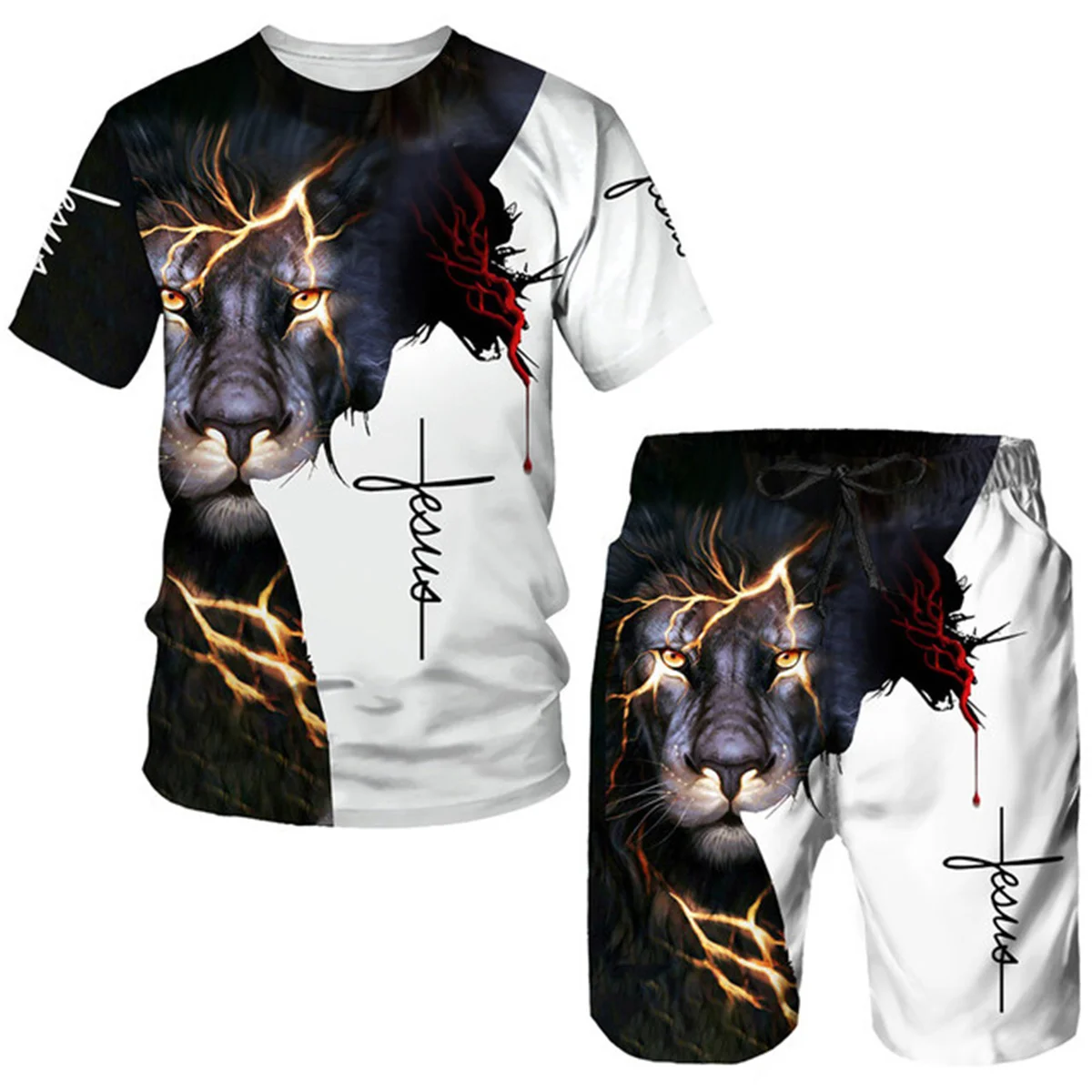 Summer 3D Lion Cross Print Men's T-Shirts/Shorts/Suit Short Sleeve Jesus Love Everyone Christian Street Wear 2 Pcs Tracksuit Set