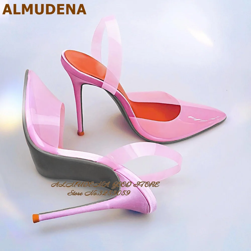 

ALMUDENA Transparent Pink PVC Poitned Toe High Heel Shoes Satin Cloth Patchwork Dress Pumps Elegant Slingback Wedding Shoes