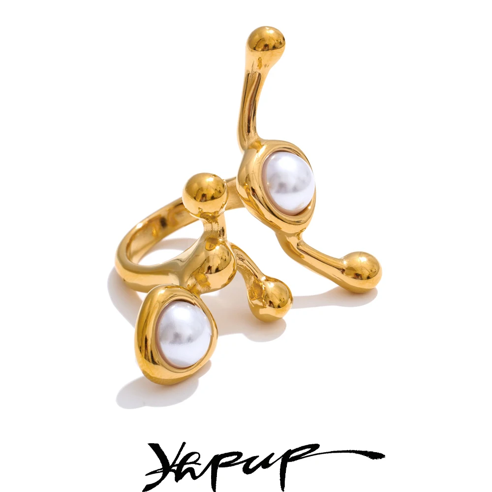 Yhpup Ring Design Pearls Geometric Adjustable