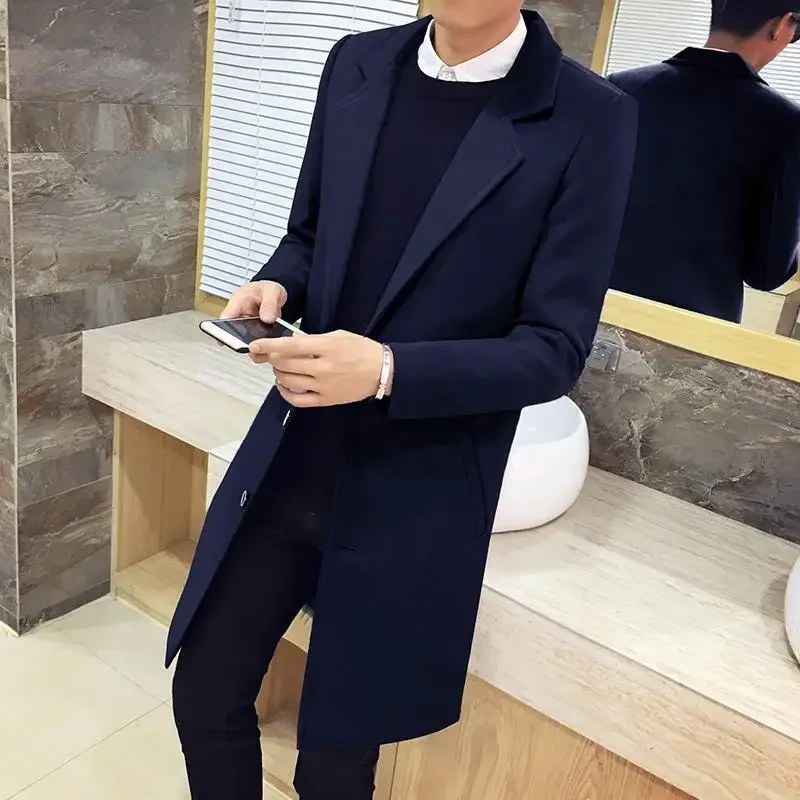Men's Mid-Length Woolen Coat Casual Autumn Winter Style Windbreaker Outerwear Comfortable Fit Long Coat warmth coat casual men jacket