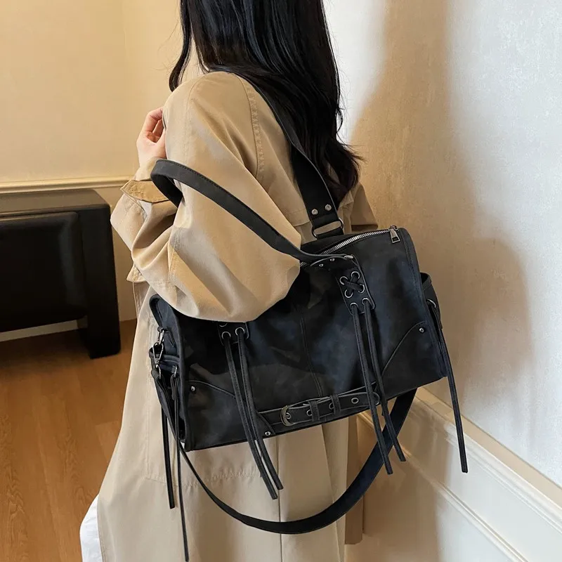 PU Leather Retro Motorcycle Handbag Large Capacity Belt Buckle Underarm Bag Cool Girl Sling Bag Work Date Shopping Handbag