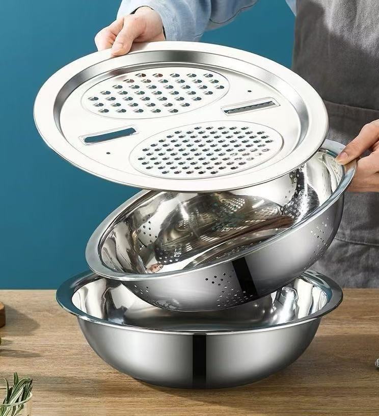 3 Piece Stainless Steel Mixing Bowl Set with Multifunctional Strainer for Fruit Veg Wash Slice