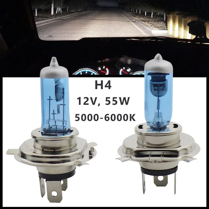 자동차 헤드라이트 Hi/Lo 석영 유리 5000K-6000K 램프 전구, 제논 할로겐 블루, H4 12V 55W, 2 개