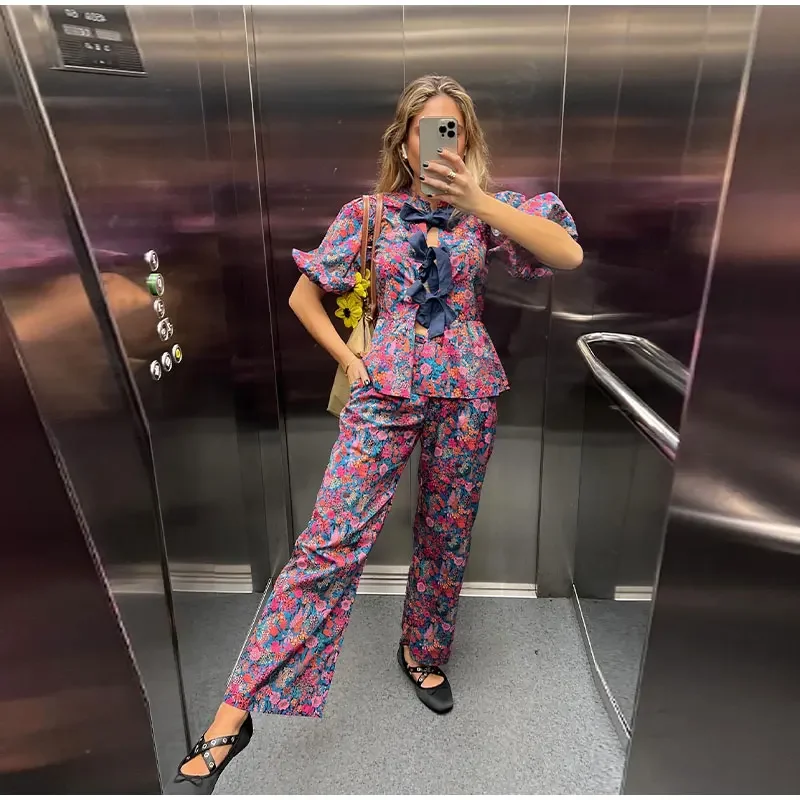 Women Pants Suits Fashion Straight Pants 2 Piece Sets Hollow Out Lace Up Shirts High Waist Pant Suits Chic Women Pants Outfit