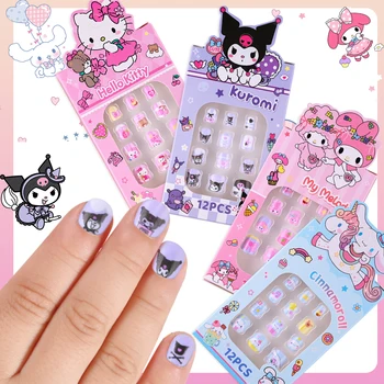 4box(48pcs) Kawaii Children's Fake Nails Cute Short Hello Kitty Kuromi Design Full Cover Nail Tip Detachable False Nail For Kids