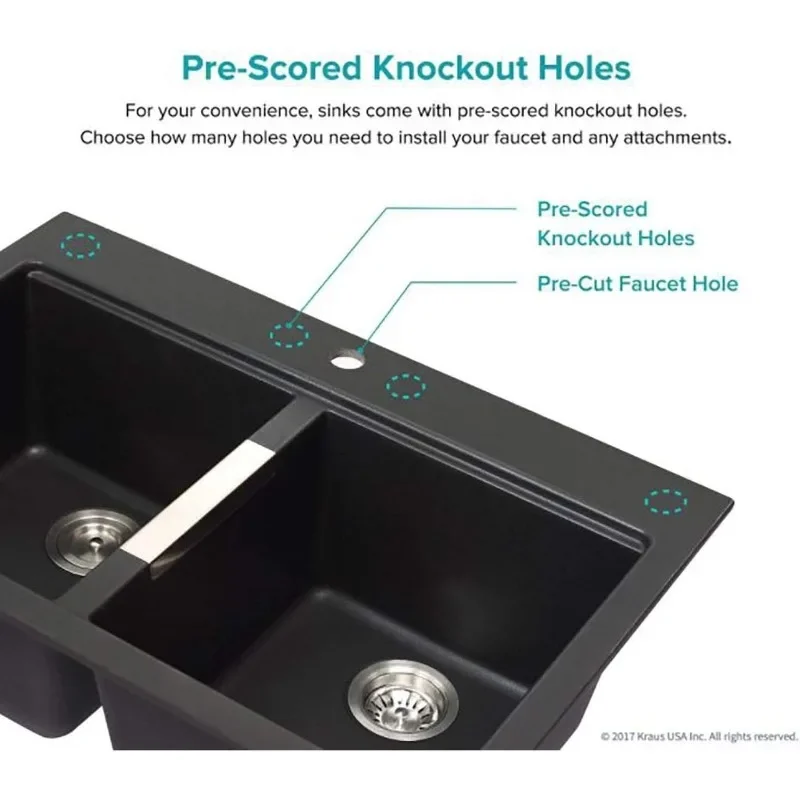 33-inch Drop-In/Undermount 50/50 Double Bowl Granite Kitchen Sink in Black Onyx, KGD-433B 3