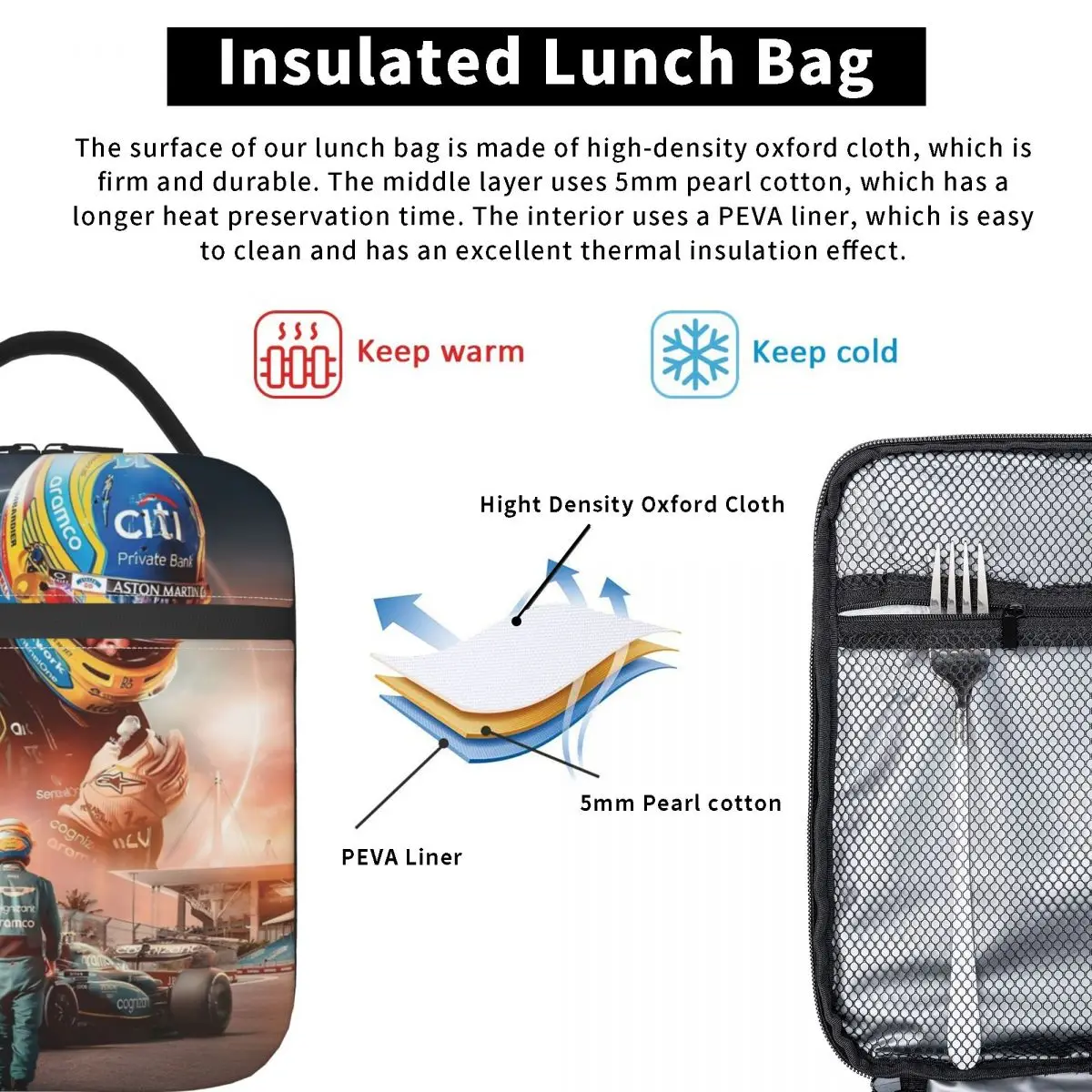 페르난도 알론소 레이싱 드라이버 단열 도시락 가방, 사무실 휴대용 음식 가방, 남성 여성 쿨러 보온 음식 상자