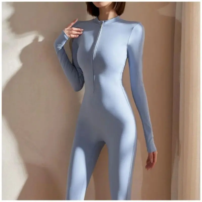 Pure Desire Sexy Zipper Long Sve Fitn Suit Comfortable round Ne Jumpsuit for Women High Waist Long Pants Autumn Winter