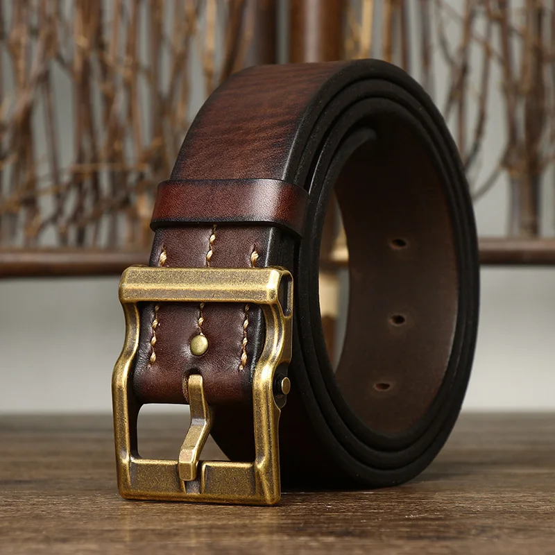 

3.8 CM Wide High Quality Genuine Leather Belt Men's Retro Thickened First Layer Pure Cowhide Brass Buckle Jeans Luxury Male Belt