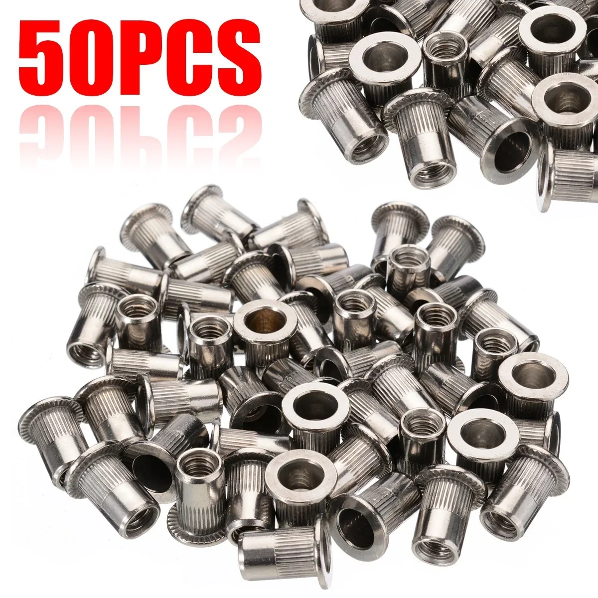 

50pcs M6 Rivet Nuts M6 Female Thread 304 Stainless Steel Flat Head Rivet Nut Rivnut Insert Nutsert for Auto Elevators Railway