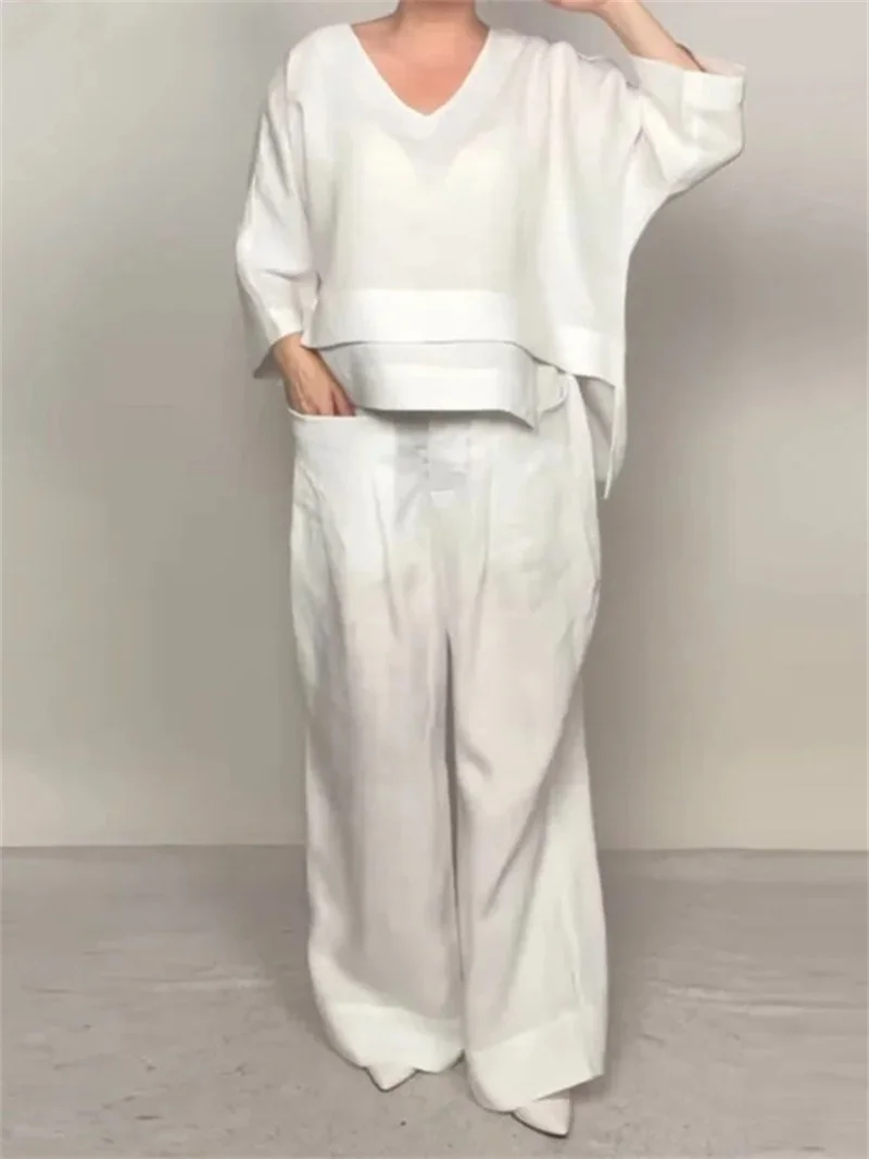 Lady Fashion Casual Loose Solid Suit Cotton Linen Set Three Quarter Sleeve Tops Wide Leg Pants Women Irregular 2 Piece Sets 2025