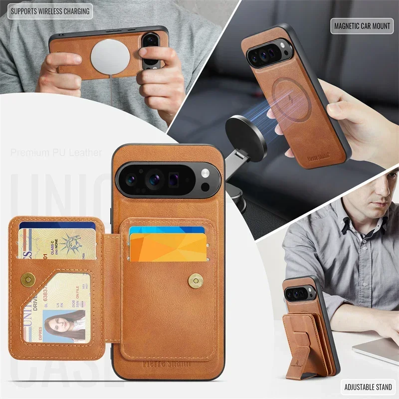 2 In 1 Magsafe Magnetic Leather Phone Case for Google Pixel 9 Pro XL 8 8A 8Pro 7 7Pro 7A Wallet Cards Slot Holder Pocket Cover 3