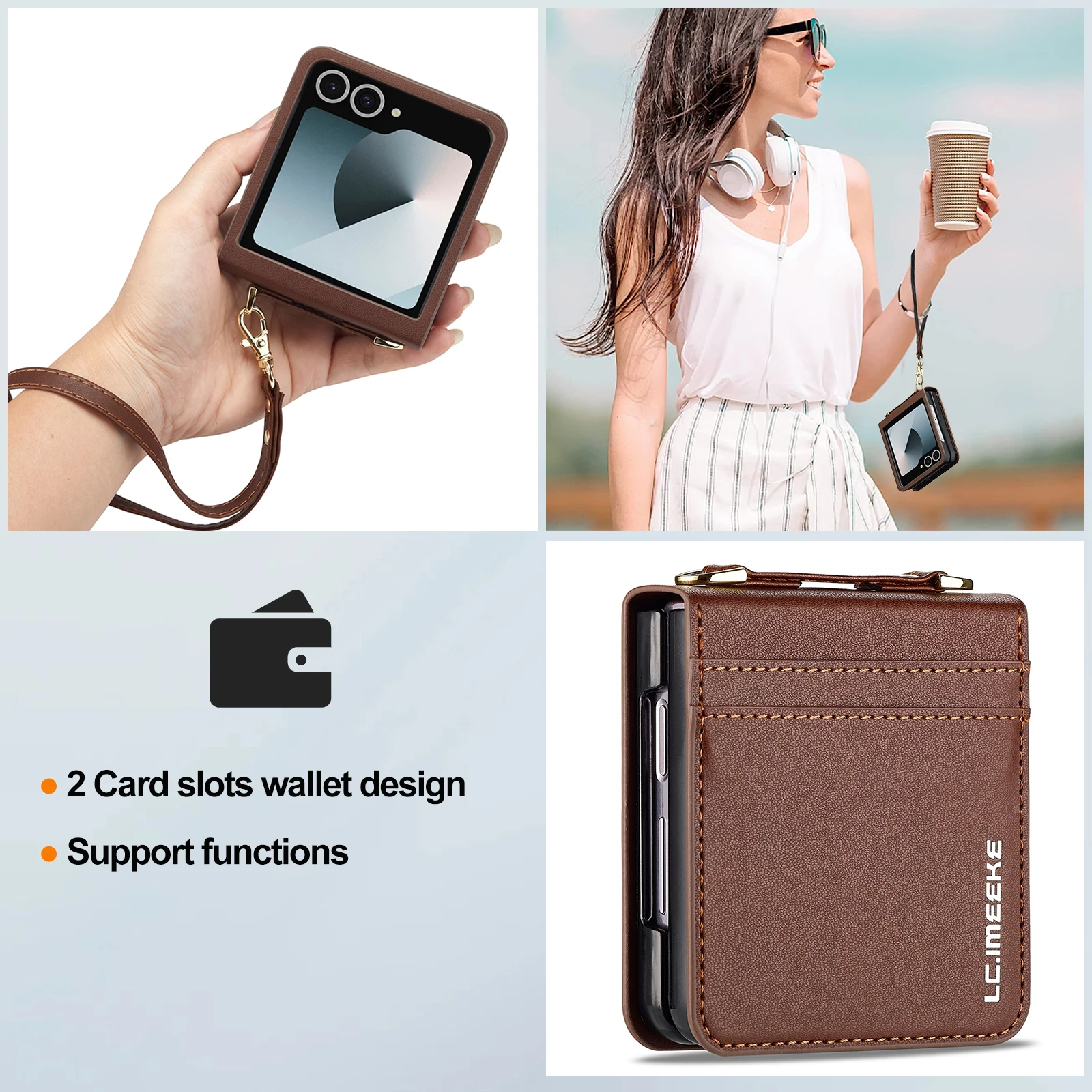 Elegant Leather Phone Case with Card Holder & Wrist Strap - Crossbody Lanyard Design