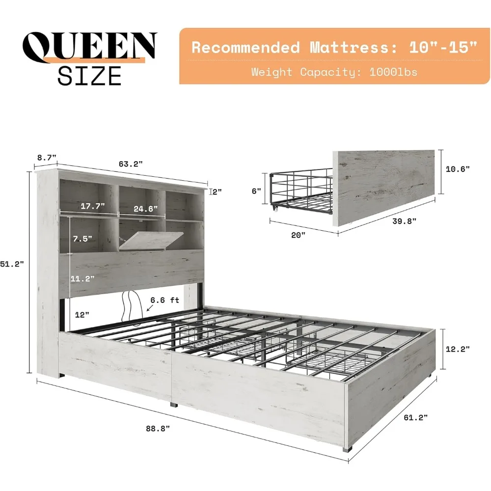 51.2" LED Storage Bookcase Headboard, 4 Storage Drawers & Charging Station/No Box Spring Needed/Noise Free, Bed Bases & Frames 2