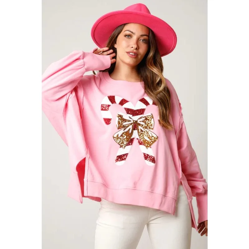 Christmas Party Women Sweatshirts Print Sequins Long Sleeves Split Hoodies Tops Casual Versatile Pullovers Sweater Y2k Clothing