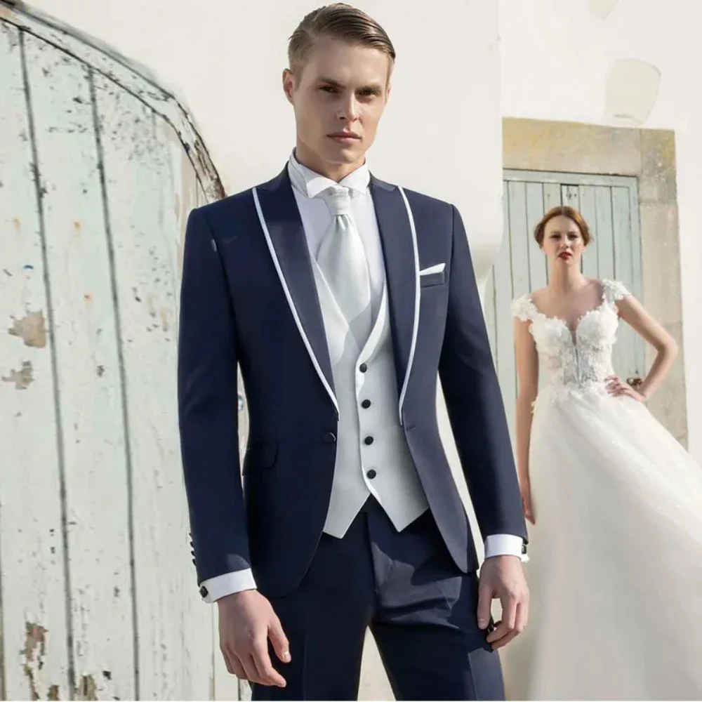 

Wedding Suits for Men 3 Piece Jacket Pants Vest Peaked Lapel Single Breasted England Style Slim Fit Blazer Hombre Costume