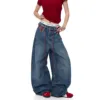 Retro American Plaid Pocket Splicing Wide Leg Jeans Women's Loose Straight Cut Denim Pants Autumn New Design Street Style