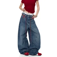 Retro American Plaid Pocket Splicing Wide Leg Jeans Women's Loose Straight Cut Denim Pants Autumn New Design Street Style