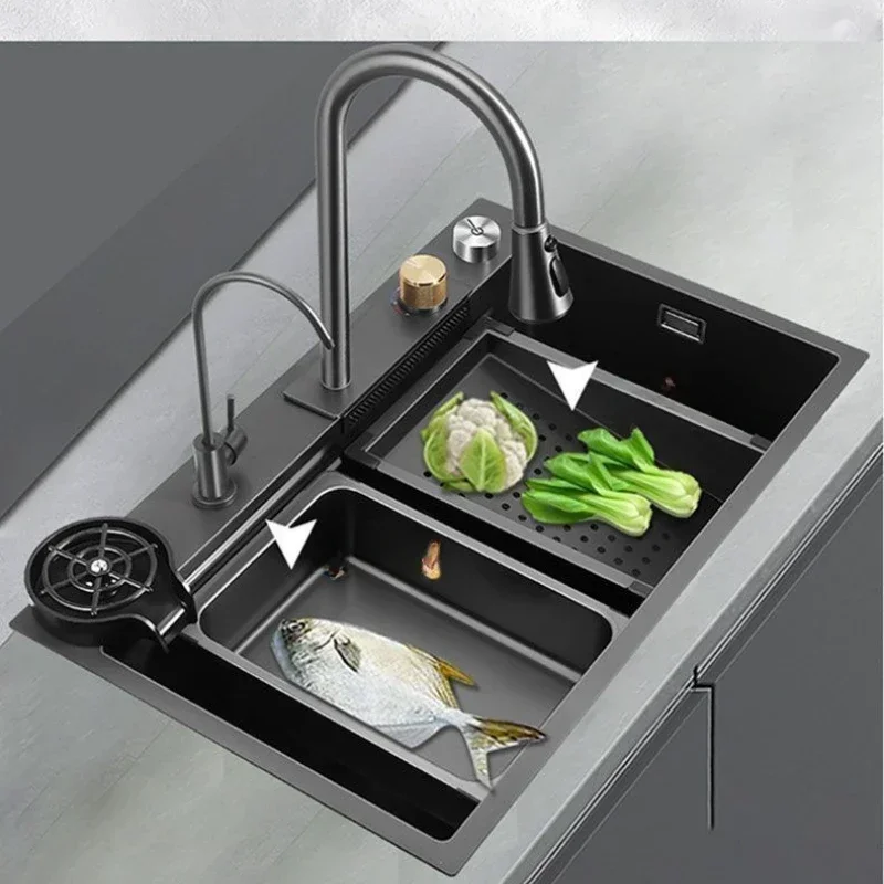 304 Stainless Steel Household Multi-functional Nano Kitchen Waterfall Sink Vegetable Basin Large Single Slot Accessories
