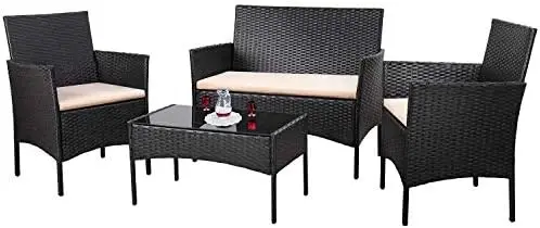 

Pieces Rattan Chair Wicker Set,Outdoor Indoor Use Backyard Porch Garden Poolside Balcony Furniture (Black and Beige) кресл