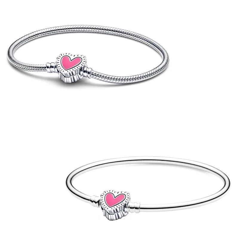 

Authentic 925 Sterling Silver Moments Radiant Heart Snake Chain Bracelet Bangle Fit Bead Charm Diy Fashion Jewelry