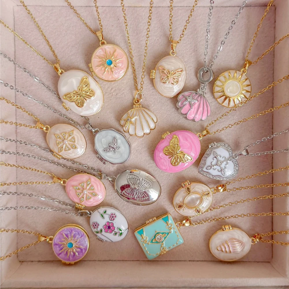 Vintage Emaille Herz Foto-Medaillon Anhänger Halskette für Frauen Minimalistischer Luxuriöser Nicht-Verblassender Edelstahl Schmuck Accessoire